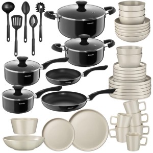 Tectake Küchenstarterset mit Töpfen, Pfannen, Geschirr und Küchenhelfern.