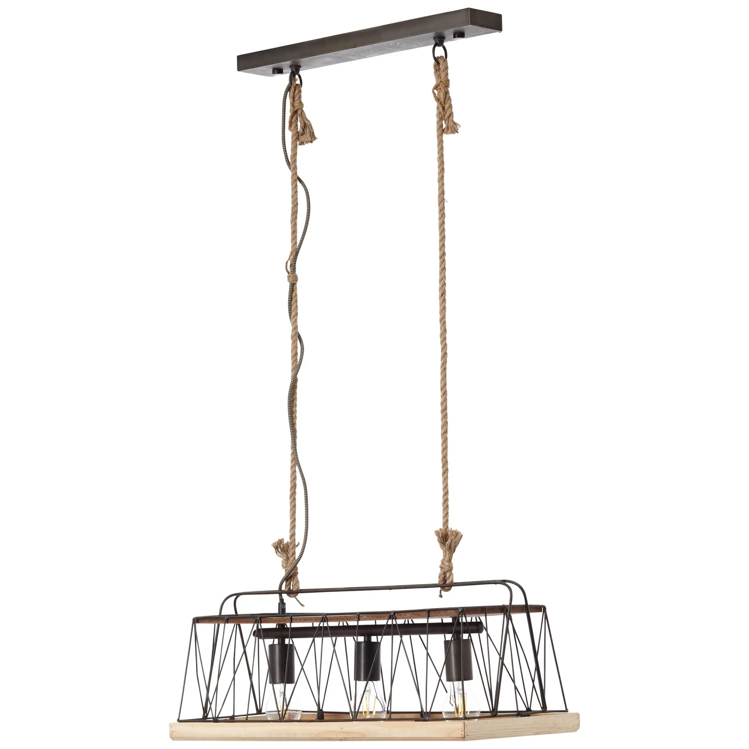 Brilliant Pendelleuchte Narcy aus Stahl/Holz, burned steel Optik, mit Seilaufhängung.
