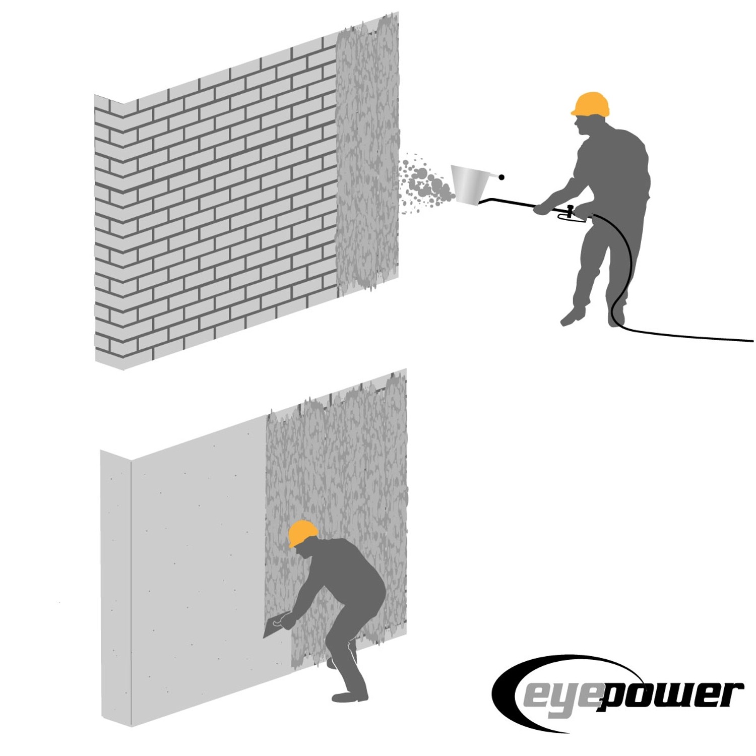 eyepower Druckluft Putzwerfer/Putzpistole in Silber beim Verputzen von Wänden.