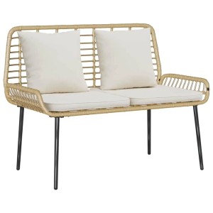 Gartenbank aus Poly-Rattan in Braun, Schwarz und Creme mit Stahlgestell und Kissen.