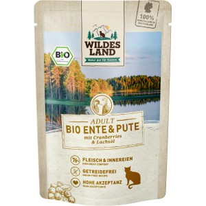 Wildes Land Bio Katzen-Nassfutter Ente & Pute, getreidefrei und hoher Fleischanteil.