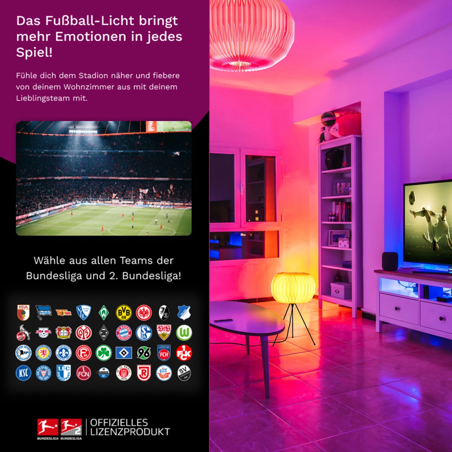 Just Light Smart Light Mika: LED Lampe mit Farbwechsel für Stadionatmosphäre im Wohnzimmer.