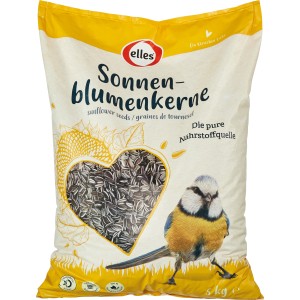 Sack Elles Wildvogelfutter Sonnenblumenkerne, 5 kg, mit Herzform und Blaumeise.