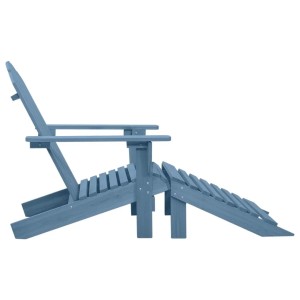 Blauer Adirondack-Gartenstuhl aus Tannenholz mit Fußteil, seitliche Ansicht. Ideal für Garten und Terrasse.