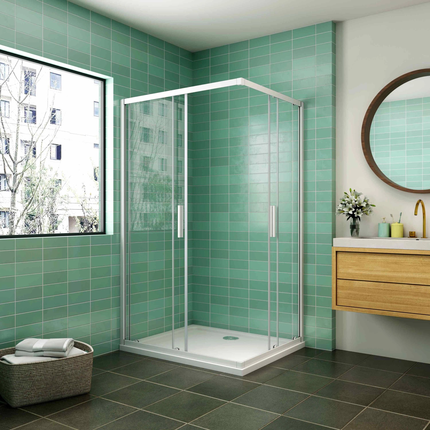 Eck-Duschkabine AICA 100x80cm mit Schiebetür, 5mm ESG Glas, silberner Rahmen. Ohne Duschtasse.