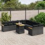 Schwarze 11-tlg. vidaXL Garten-Sofagarnitur aus Poly Rattan mit Tisch und Kissen.