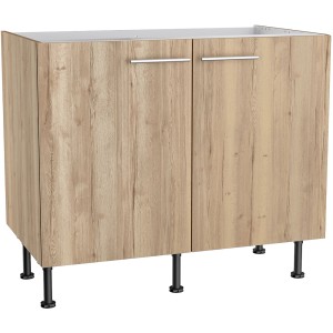 Optifit Spülenunterschrank Erik290 in Wildeiche, 100 cm breit, mit 2 Türen und Metallgriffen.