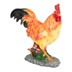 Detailreiche Gartenfigur Hahn aus Polyresin in Braun, Rot und Gelb. Wetterfeste Deko für Garten & Ostern.