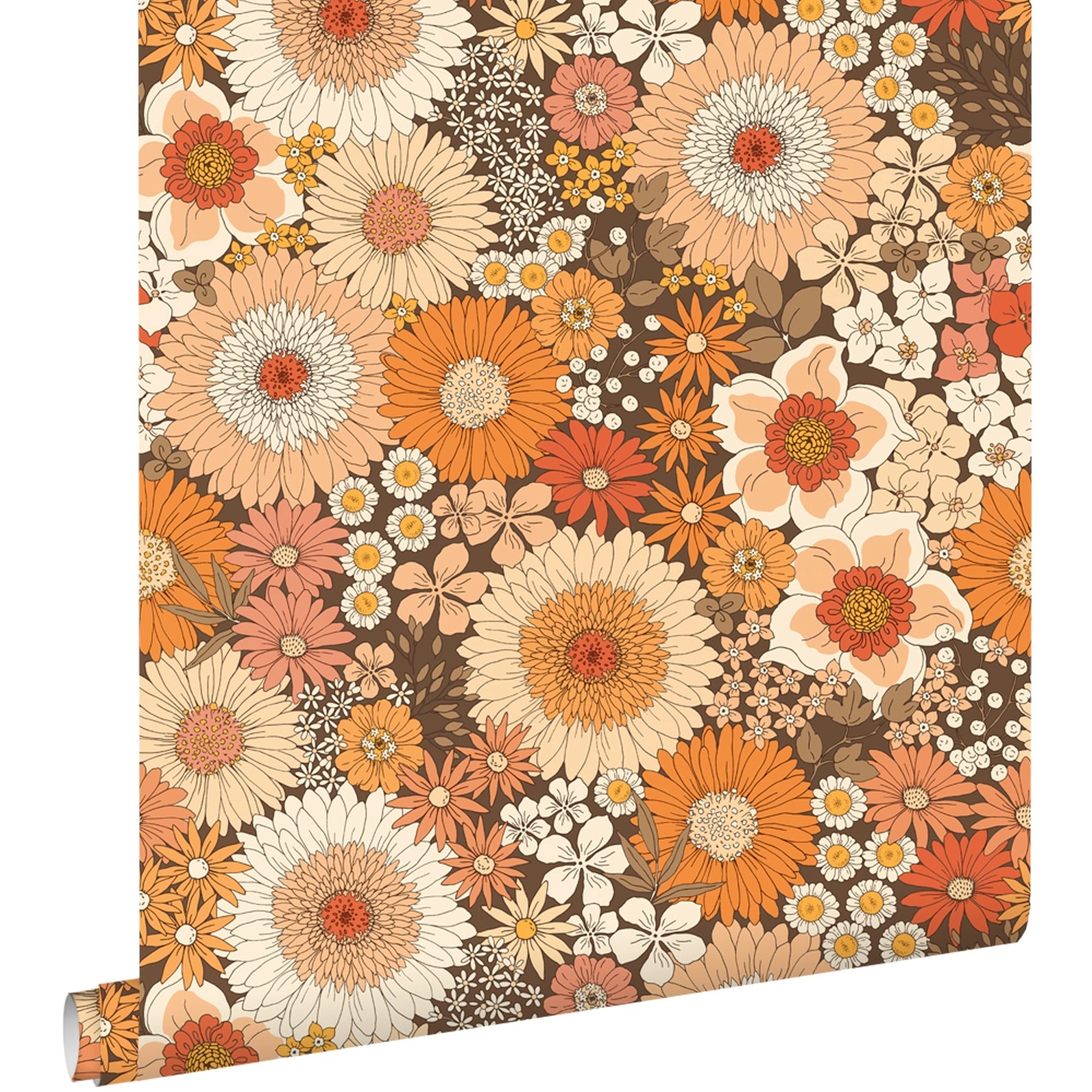 ESTAhome Tapete Retro Blumen Orange und Terrakottarosa 50 x 900 cm günstig online kaufen