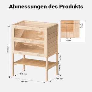 Wiltec Nagerkäfig aus Holz mit Acrylfenstern. Technische Zeichnung mit Maßen 600x400x800mm für Kleintierhaus.