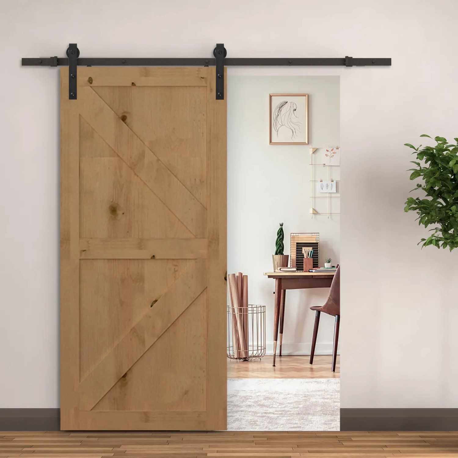HOMCOM Schiebetür-Beschlagsatz aus Kohlenstoffstahl, schwarz, mit Holz-Schiebetür im Raum.