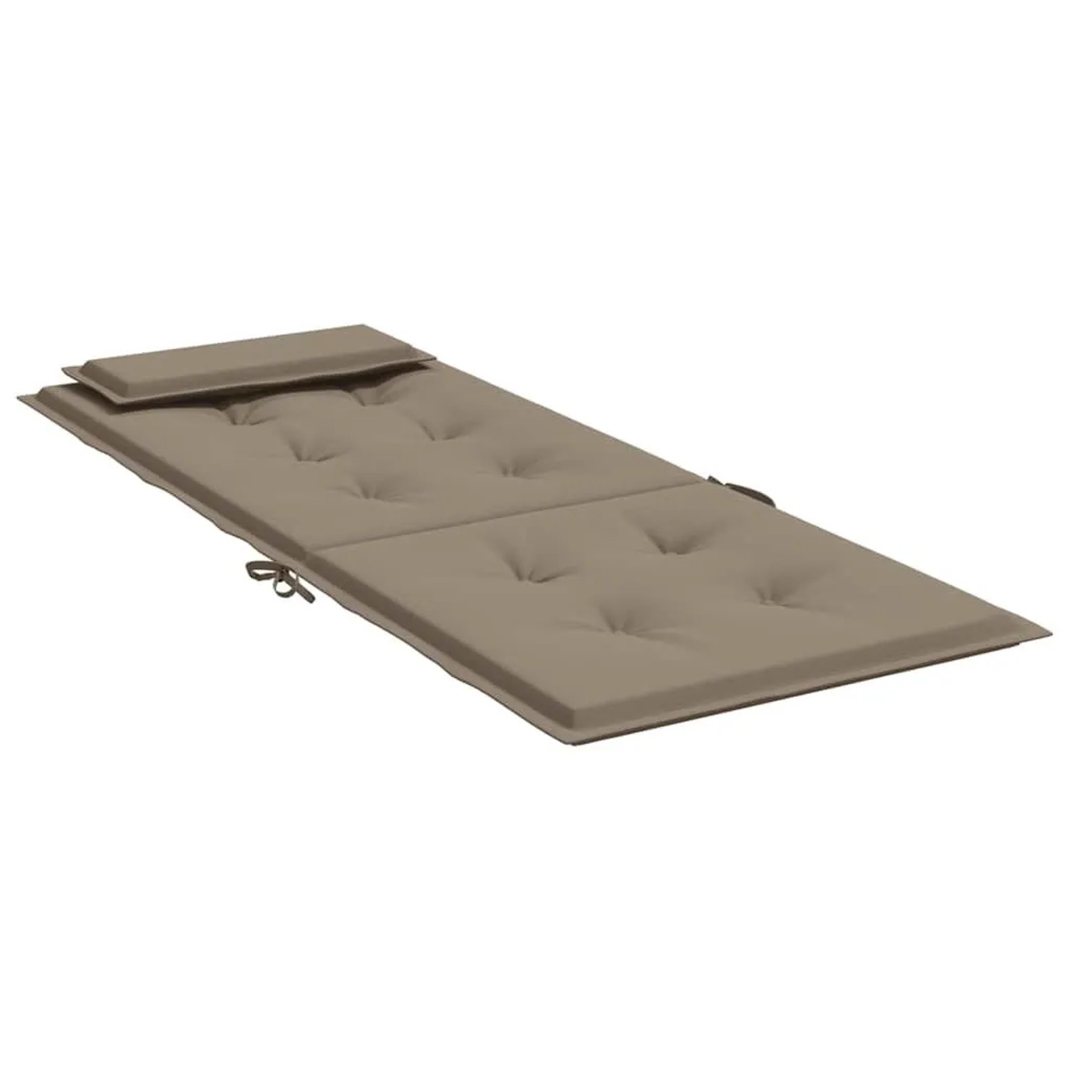 Taupe Hochlehner-Auflage aus Oxford-Gewebe mit Kopfpolster und Knopfheftung für Gartenstühle.