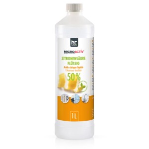 Flasche Höfer Chemie Zitronensäure 50% flüssig, 1 Liter, zur Reinigung und Entkalkung.
