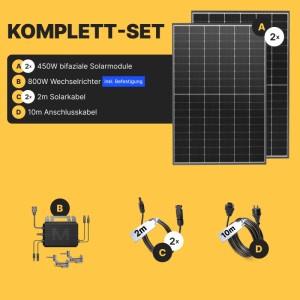 Solakon Balkonkraftwerk Komplettset: 2x 450W Solarmodule, 800W Wechselrichter, 2m Solarkabel, 10m Anschlusskabel.