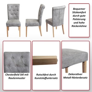6er-Set Esszimmerstuhl im Chesterfield-Stil, brauner Stoffbezug, dunkle Holzbeine und Ziernägel.