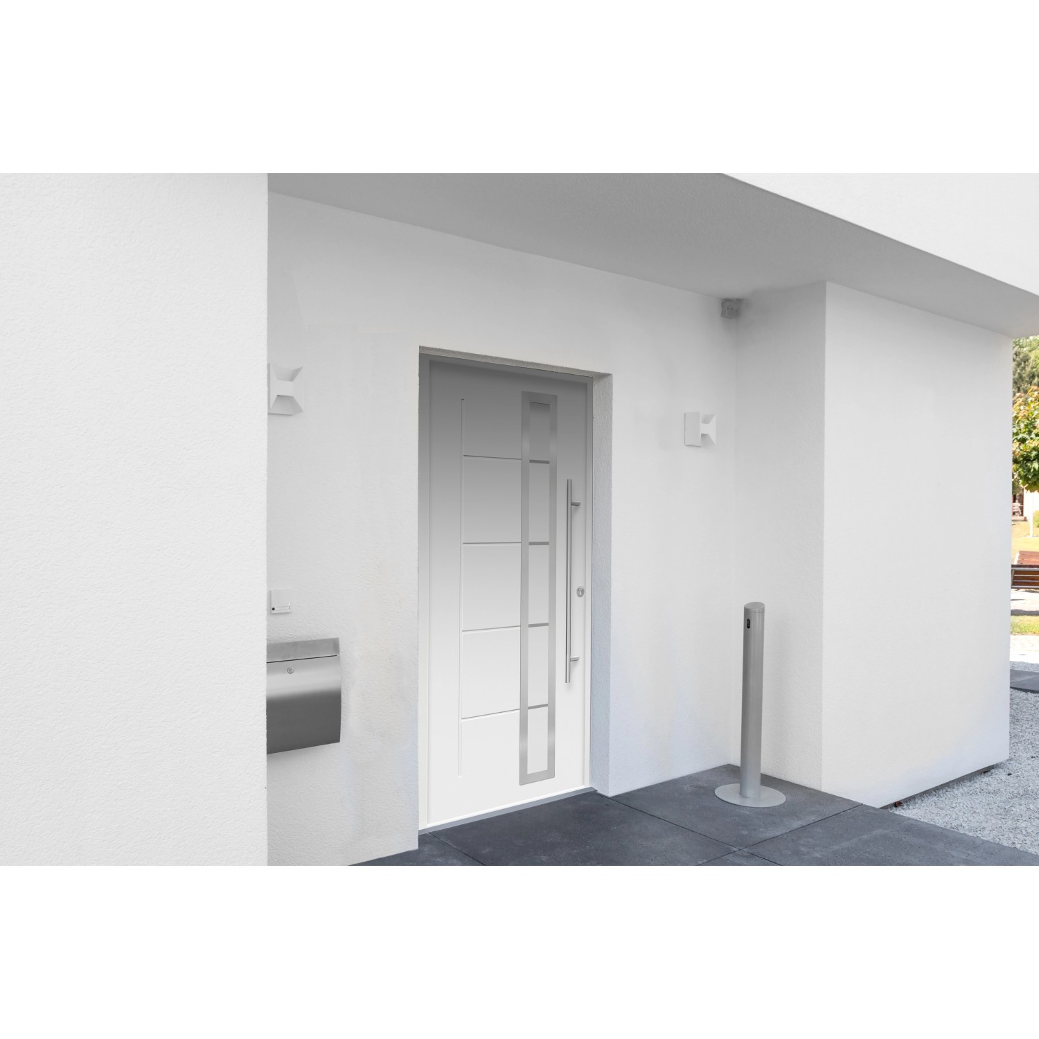 Weiße Haustür Thermospace Paris Prime (100x210 cm) mit Edelstahlgriff und Glaseinsatz, Anschlag rechts.