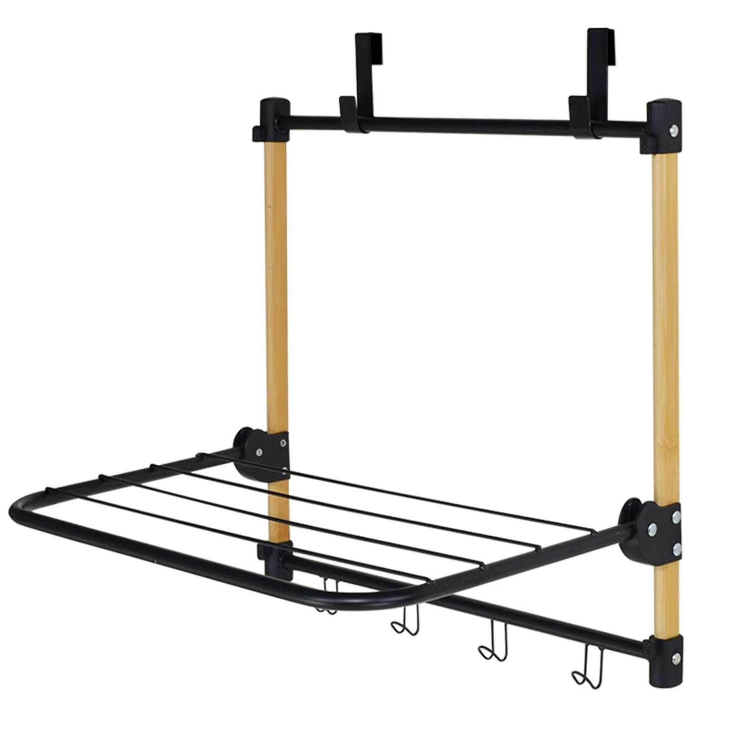 Relaxdays Türwäscheständer Stahl Bambus Kunststoff Schwarz Natur Klappbar Einhängbar mit 4 Haken 40 cm x 45 cm x 30 cm 0,7 kg