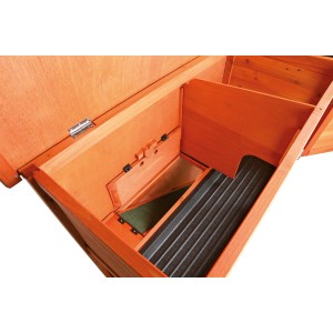 Detailansicht des Trixie Kleintierstall Natura mit geöffnetem Dach und herausziehbarer Wanne.