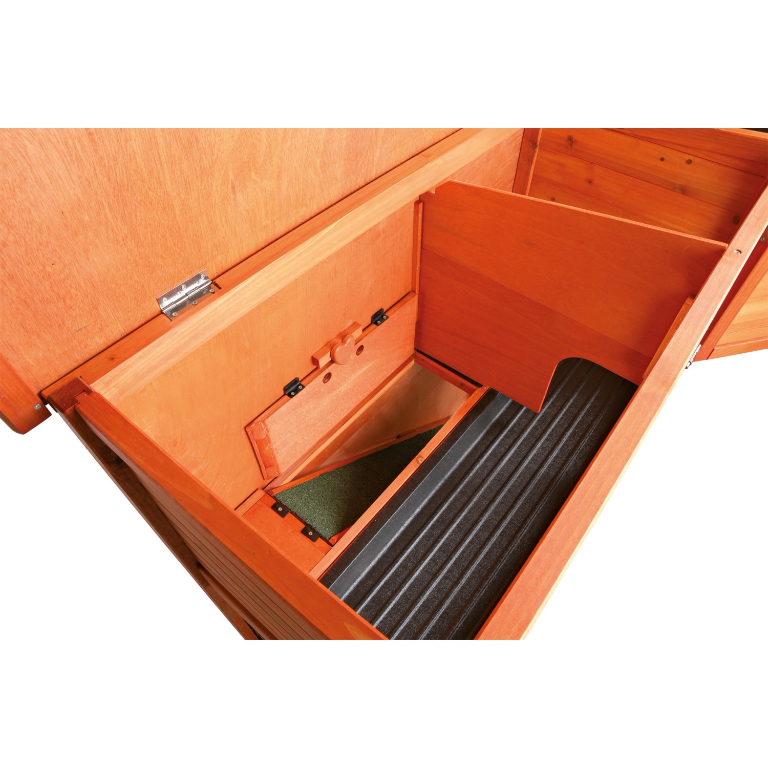 Detailansicht des Trixie Kleintierstall Natura mit geöffnetem Dach und herausziehbarer Wanne.