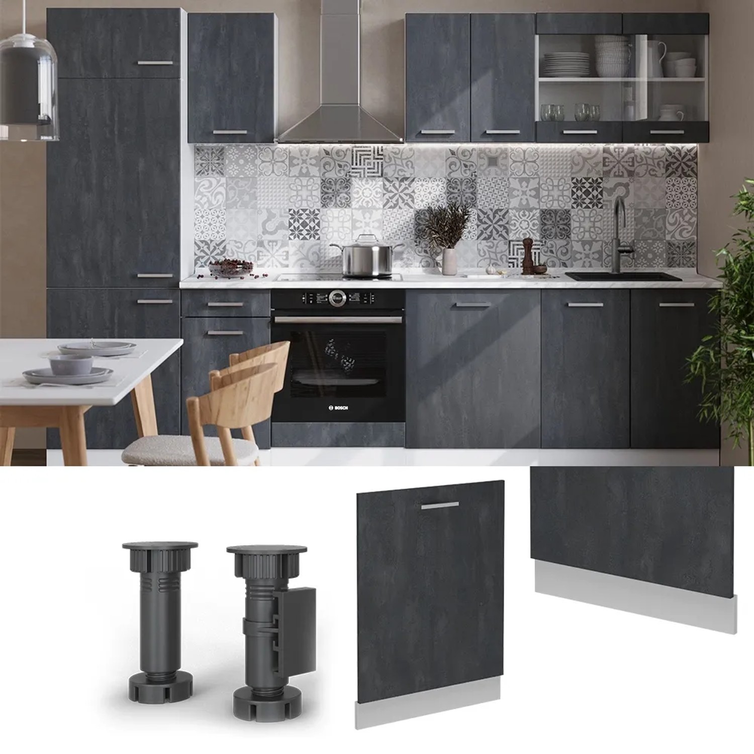 Vicco Geschirrspülblende R-Line, Schwarz Beton, 60 cm. Küchenschrank Front für vollintegrierte Spülmaschine.