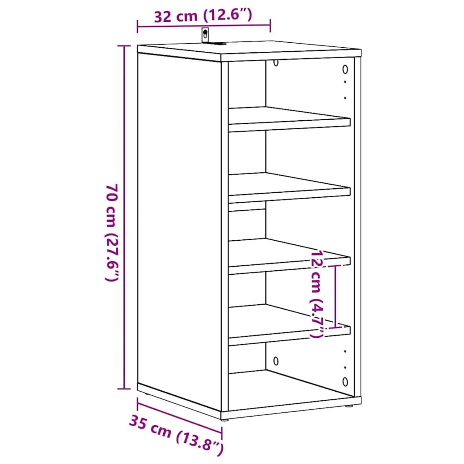Maßzeichnung des vidaXL Schuhschranks in Betongrau aus Holzwerkstoff mit 5 Fächern, 31,5x35x70 cm.
