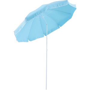 Hellblauer Balkonschirm Toluca Ø 200 cm mit Push-Up Funktion und weißem Gestell.