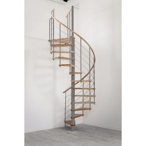 Graue Minka Spindeltreppe Venezia aus Buche, Durchmesser 120 cm, für Geschosshöhen bis 305,5 cm.