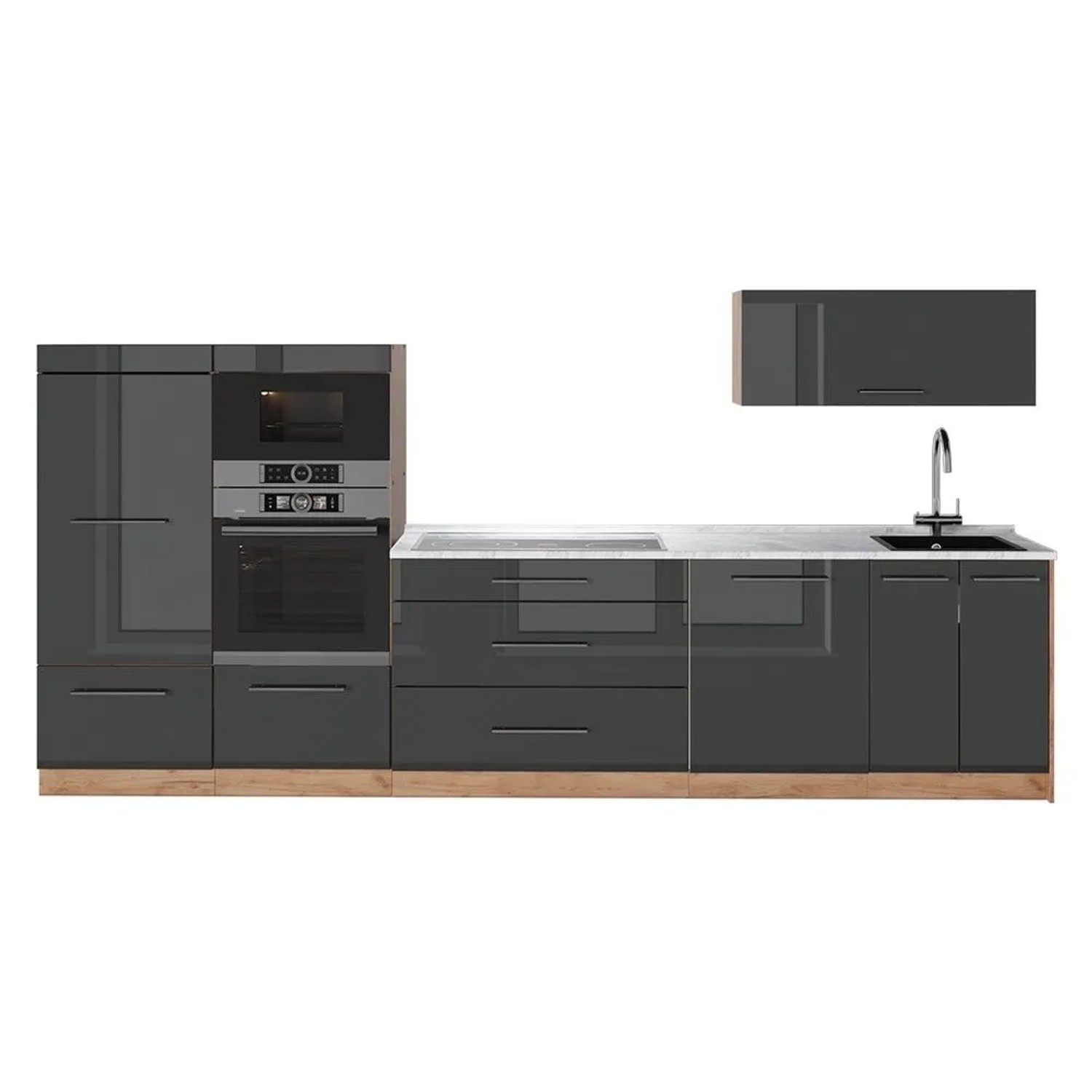 Vicco Küchenzeile Fame-Line Anthrazit Hochglanz/Goldkraft Eiche 340 x 154 AP Marmor Art Nr 64505