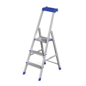 Werner Stufenstehleiter Pro Smart mit 3 Stufen aus Aluminium, mit blauen Akzenten.