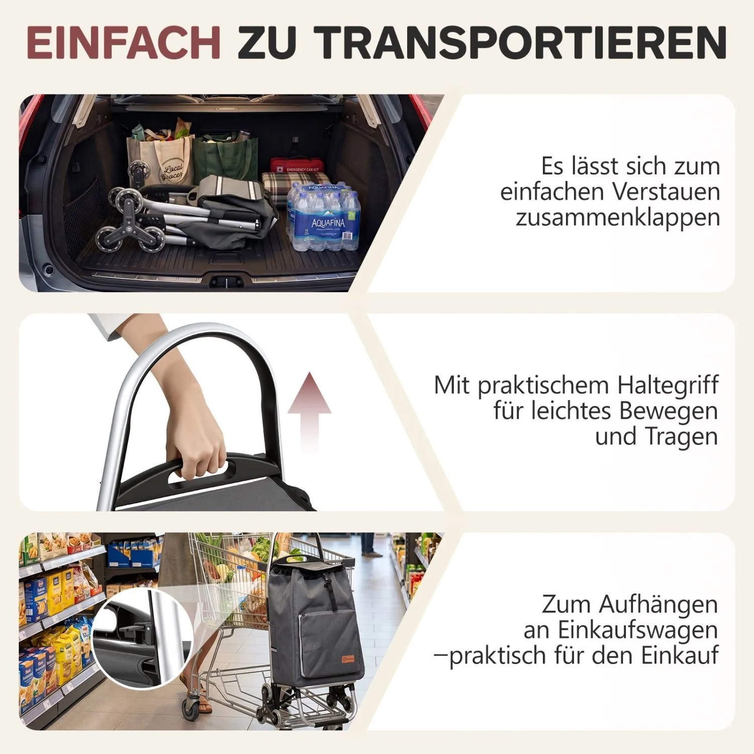Sekey Einkaufstrolley: Klappbar, mit Kühlfach, Treppensteigerfunktion, grau. Einfach zu transportieren und zu verstauen.