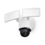 Eufy Flutlichtkamera E340 mit zwei LED-Flutlichtern und schwarzer 360° Kamera für Außenbereiche.