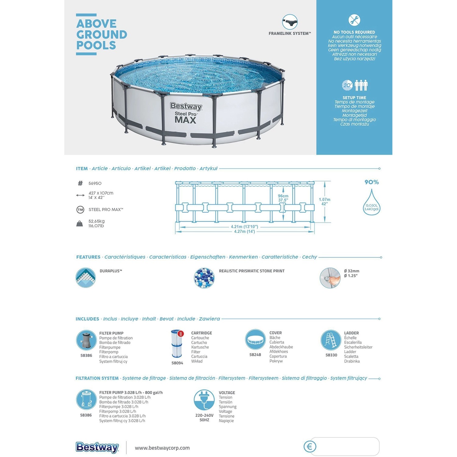 Bestway Stahlrahmenpool Steel Pro Max, Ø 427x107 cm, rund, hellgrau, mit Filterpumpe, Leiter und Abdeckplane.