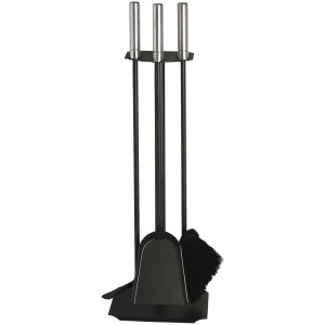 Lienbacher Kamingarnitur, 3-teilig, schwarz beschichtet mit Besen, Schaufel und Schürhaken.