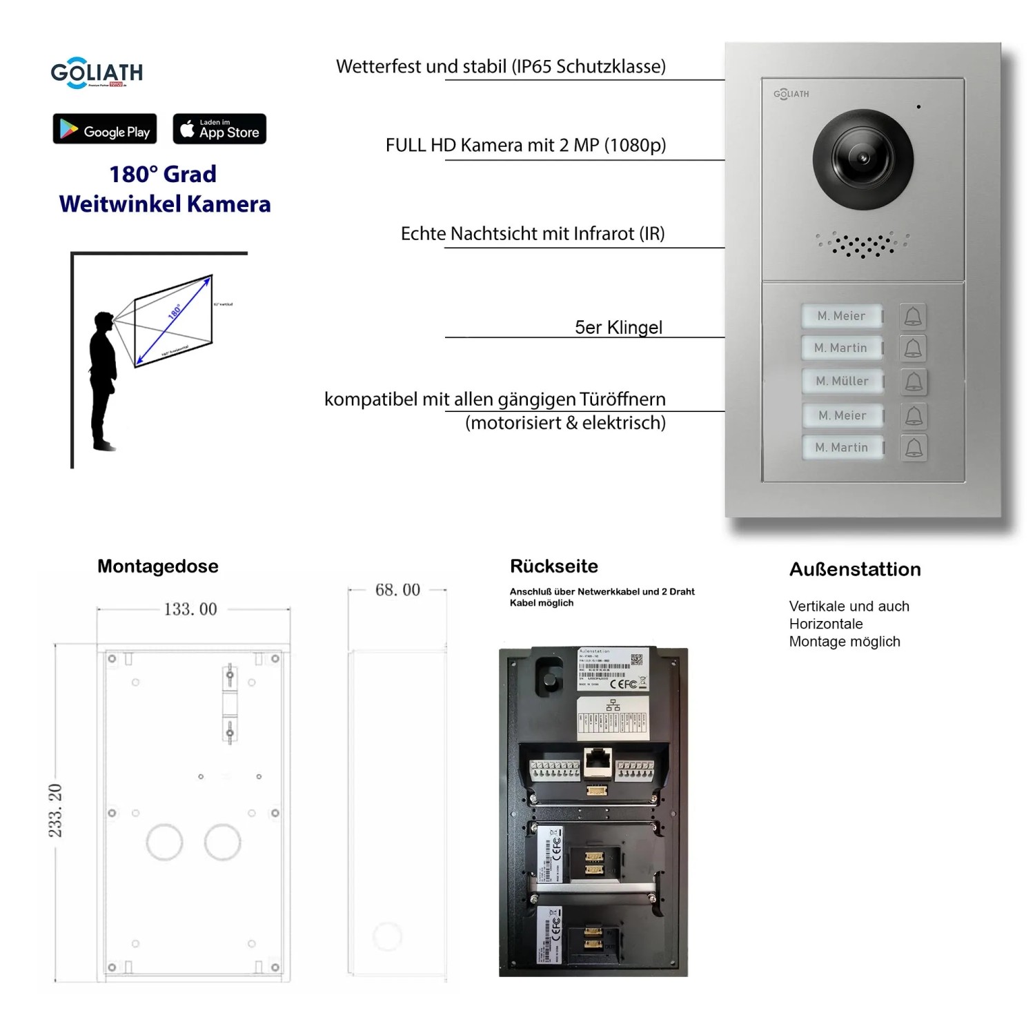 Goliath IP Video Türsprechanlage für 5 Familien, Unterputz, mit HD Kamera, Nachtsicht und App Steuerung.