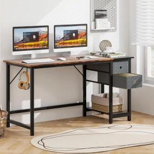 Costway Schreibtisch mit 2 Schubladen, Holzoptik, schwarzes Metallgestell, ideal für Homeoffice.