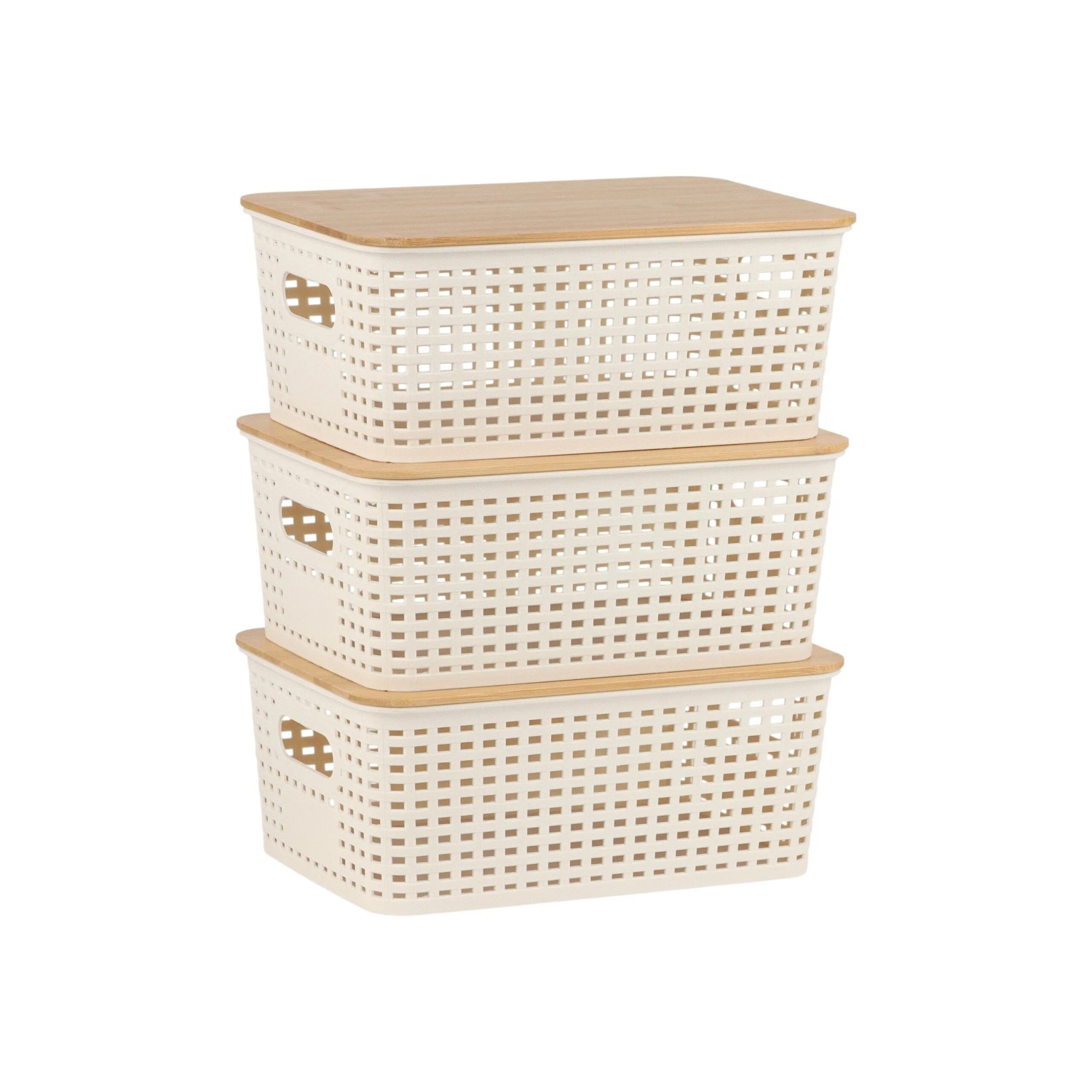 Relaxdays Aufbewahrungsbox Kunststoff Bambus Weiß 3er-Pack mit Bambusdeckel 10,5 cm x 25,5 cm x 18 cm