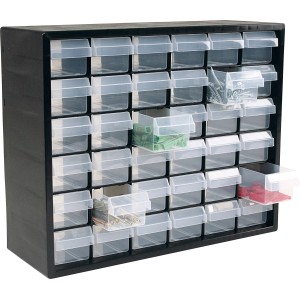 LUX-TOOLS Sortierkasten mit 36 transparenten Schubladen für Kleinteile, ideal für Werkstatt und Garage.