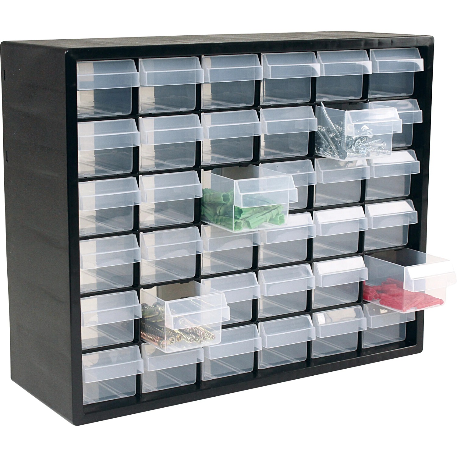 LUX-TOOLS Sortierkasten mit 36 transparenten Schubladen für Kleinteile, ideal für Werkstatt und Garage.