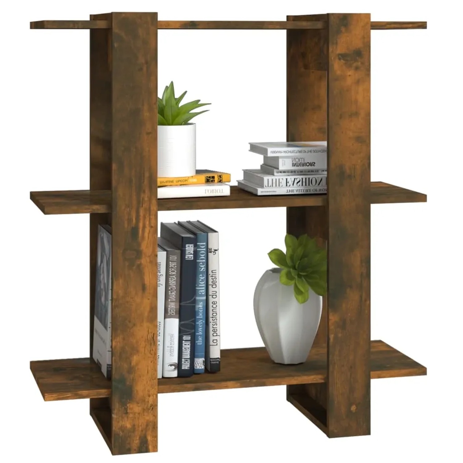 VidaXL Bücherregal/Raumteiler in Räuchereiche mit drei Ablagen, dekoriert mit Büchern und Pflanzen.