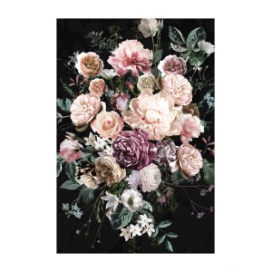 Komar Wandbild Charming Bouquet, 50x70 cm. Blumenstillleben mit Rosen und Pfingstrosen auf dunklem Grund.