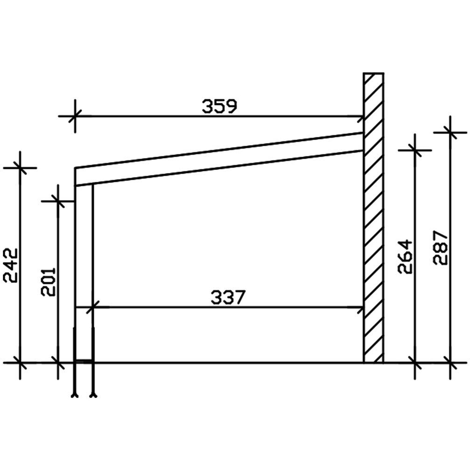 Technische Zeichnung der Skan Holz Terrassenüberdachung Novara, Maße: 450x359 cm.