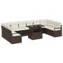 Braunes 11-tlg. vidaXL Garten-Sofa-Set aus Poly Rattan mit Tisch und cremefarbenen Kissen.