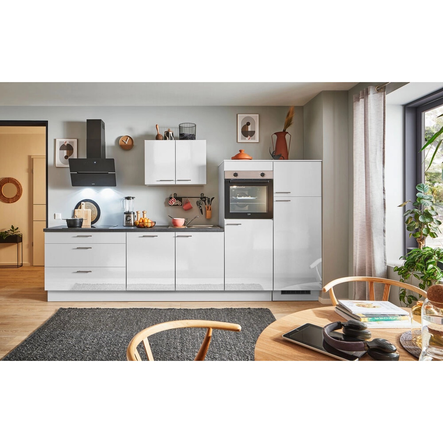 pino Küchenzeile 330 cm Lichtgrau Hochglanz Anschlag rechts 2 Geräteschränke