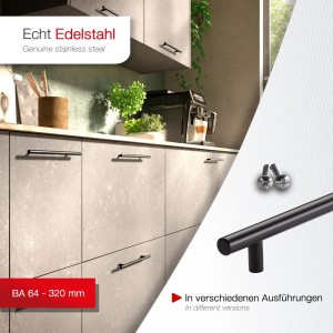 SOTECH Stangengriff G17, BA 128mm, Edelstahl Schwarz, montiert an Küchenschränken.