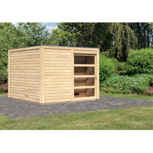 Karibu Saunahaus Jasper aus Holz mit bronzierter Tür im Garten.