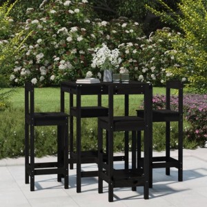 Schwarzes 5-tlg. Gartenbar-Set aus Kiefernholz. Bartisch mit 4 Barstühlen im Garten.