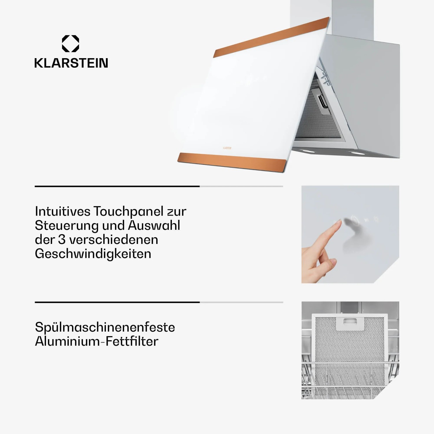 Klarstein FlashLine 60 Afzuigkap - 60 cm, Touch screen, 524 m³/h, CEE A , LED, Stil 34.5 dB, Wit & Koper, Afvoer & Recirculatie