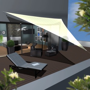 Beiges AMANKA HDPE Sonnensegel (6x6x6m) über einer Terrasse mit Gartenmöbeln.