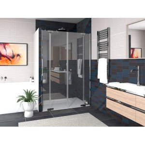 Dusch-Pendeltür Brava Frame mit zwei Festteilen in Chrom, 190x200 cm, eingebaut in einer Nische.