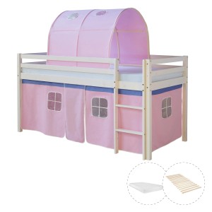 Weißes Homestyle4u Hochbett mit rosa Vorhang, Tunnel, Lattenrost und Matratze (90x200).